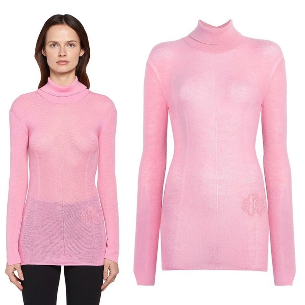 Roberto Cavalli Pink Turtleneck Wool Cashmere Logo Sweater Size 44 US 8 New READ